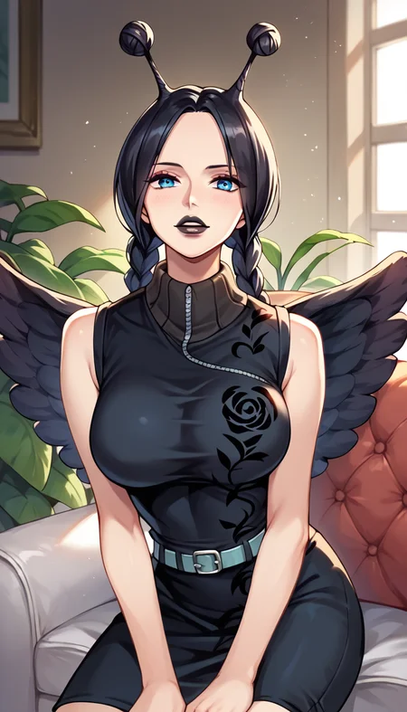 score_9, score_8_up, score_7_up, score_6_up, score_5_up, score_4_up, 1girl, conis, black wings, black hair, antenna hair, twin braids, blue eyes, black dress, turtleneck, black belt, black lips, black nails, <lora:Conis_v2:1>