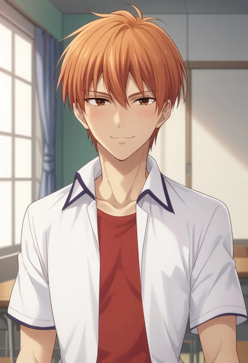 score_8_up, score_7_up, source_anime, highly detailed,
kyosohma, 1boy, male focus, solo, school uniform, orange hair, brown eyes, shirt, white shirt, collared shirt, open shirt, red t-shirt, short sleeves, jewelry, bracelet, blush, smile, soft smile,
indoor, japanese