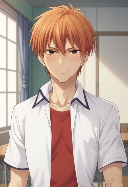 score_8_up, score_7_up, source_anime, highly detailed,
kyosohma, 1boy, male focus, solo, school uniform, orange hair, brown eyes, shirt, white shirt, collared shirt, open shirt, red t-shirt, short sleeves, jewelry, bracelet, blush, smile, soft smile,
indoor, japanese