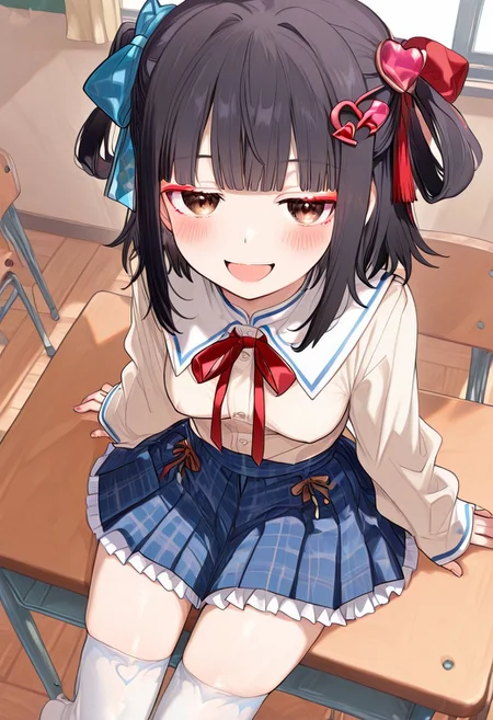 great quality,1girl,solo, (almic:0.9),(ogipote,akakura:0.8),(sofra,sincos:0.6),(karyln,momisan:0.9),flannel skirt,  pleated white and blue skirt, white thighhighs,sleeves past wrists,hair bow,long sleeves,beige blouse,,blue bow, heart hair ornament,  heart hair ornament, , zettai ryouiki, red ribbon,white sailor collar,white frilled skirt,smile,indoors,classroom,,brown eyes,res tassel hair ornaments,red tassel on sidelocks,red eyeliner,(jitome:0.8),(perky breasts:0.8),,looking at viewer, on desk,from above, sitting,black hair,dutch angle