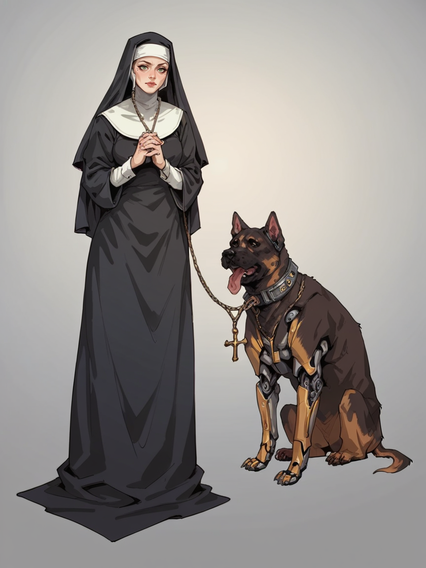 score_9, score_8_up, score_7_up, score_6_up, score_5_up, score_4_up,  <lora:y1nt10nXLP:0.6> y1nt10n, nun, 1girl, cyborg, dog