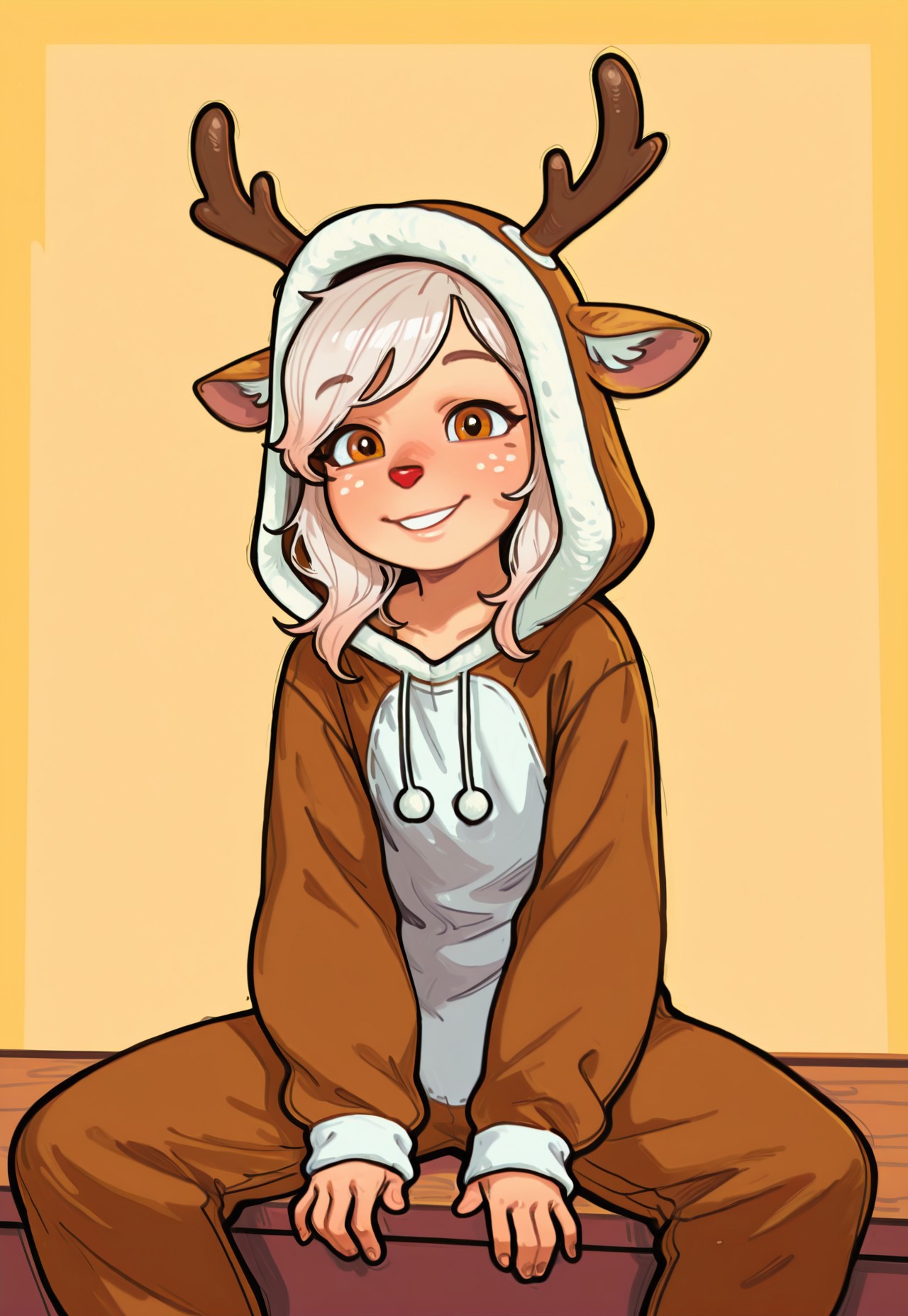 masterpiece, best quality, amazing quality, absurdres, highres, detailed art, smooth style, 4s0r4, Mossastyle, mrporty ,HD, 4K, possmach, outline, 1girl, solo, cobaltlotte, young, petite, sitting, smile, animal costume, reindeer costume, deer ears, antlers,