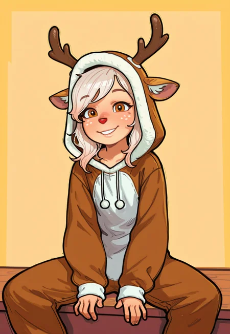 masterpiece, best quality, amazing quality, absurdres, highres, detailed art, smooth style, 4s0r4, Mossastyle, mrporty ,HD, 4K, possmach, outline, 1girl, solo, cobaltlotte, young, petite, sitting, smile, animal costume, reindeer costume, deer ears, antlers,
