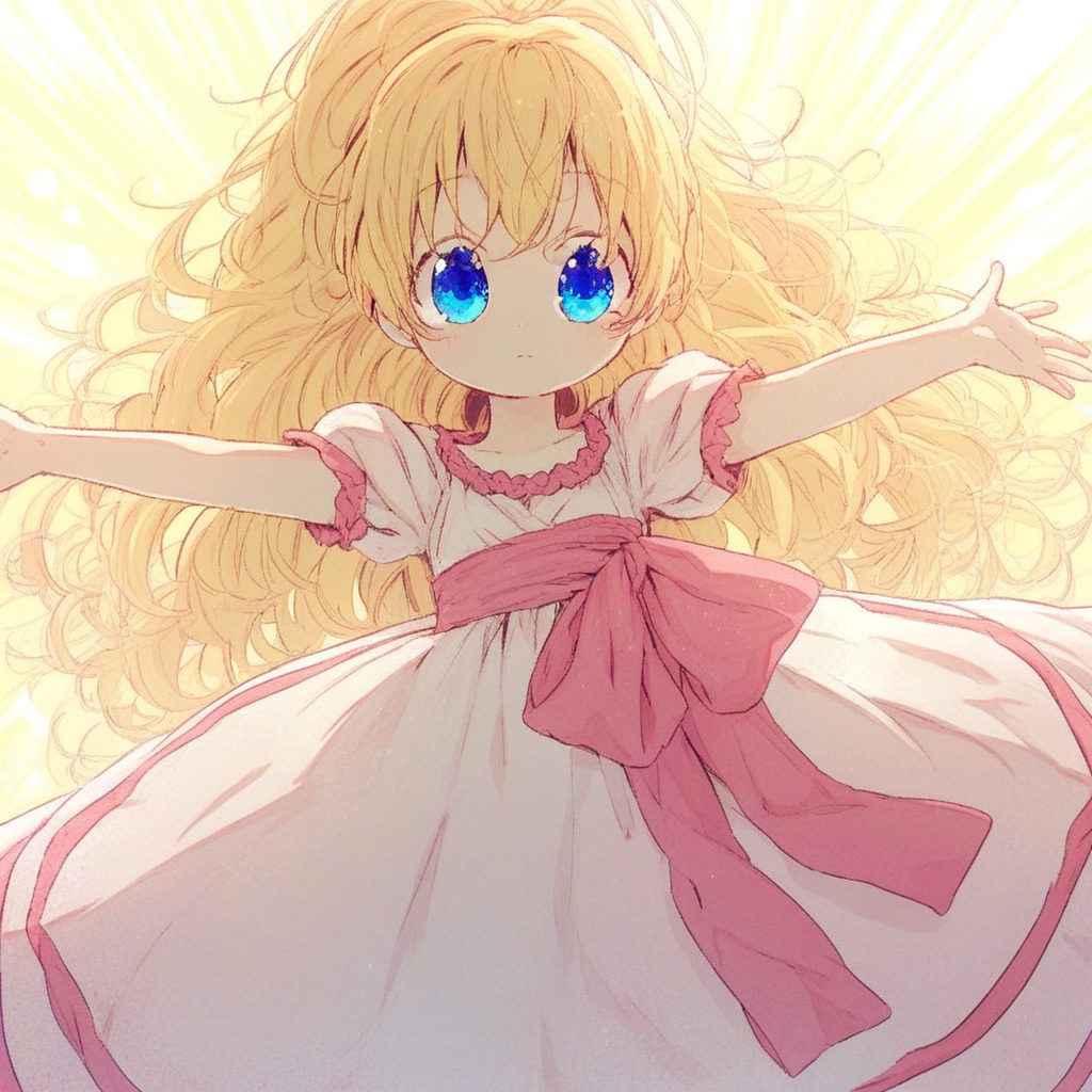 score_9, solo, athanasia, blonde hair, long hair, blue eyes, dress, ponytail, cute, outstretched arms