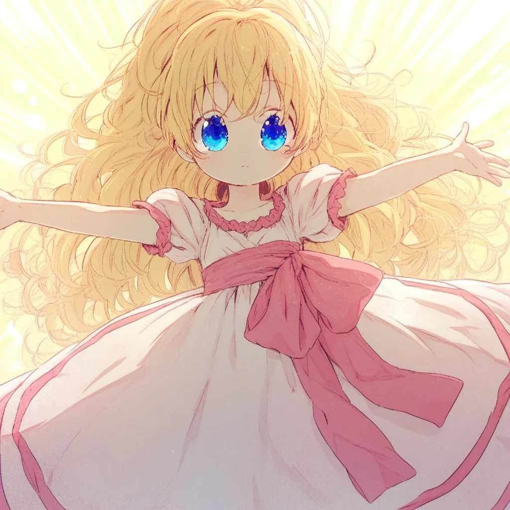 score_9, solo, athanasia, blonde hair, long hair, blue eyes, dress, ponytail, cute, outstretched arms