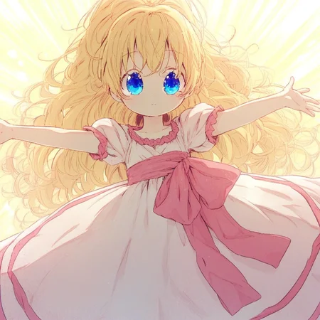 score_9, solo, athanasia, blonde hair, long hair, blue eyes, dress, ponytail, cute, outstretched arms