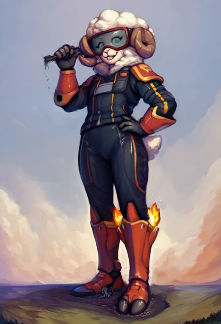 score_9, score_8_up, score_7_up, score_6_up, (source_furry), sheep, anthro, female, macro, giga, micro, androgynus, continent with micro cities, landscape dwarfing, (((a hvyflamer weapon))), full body white fireproof suit, helmet, tinted visor, (long sheep tail), scifi suit, by nommz
