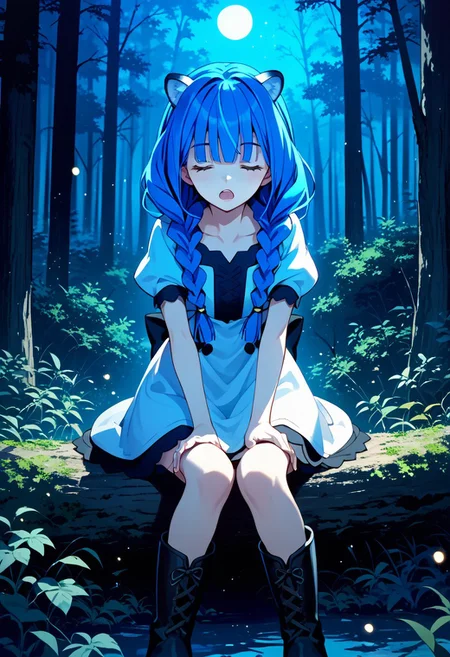 score_9,score_8_up,score_7_up,source_anime,Atla Fayon,1girl,solo,open mouth,dress,sitting,blue hair,closed eyes,braid,short sleeves,boots,puffy sleeves,twin braids,night,nature,forest,