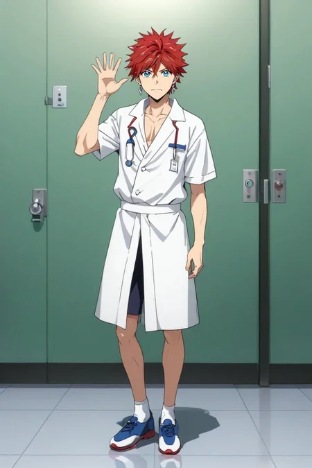 score_9, score_8_up, score_7_up, source_anime, rating_safe, , (realistic:0.6), , , 1boy, solo, male focus, <lora:musashi_orient_pony:0.76>, musashi_orient, red hair, blue eyes, short hair, spiked hair, hair between eyes, earrings, jewelry, full body, hospital, dark, waving, wavy mouth, swashbuckler costume, <lora:sdxl_lightning_8step_lora:1>