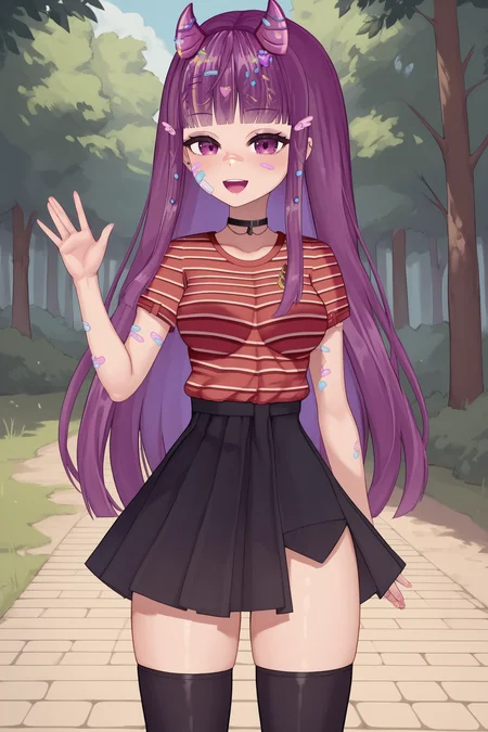 score_9, score_8_up, score_7_up, score_6_up, BREAK, KottyVTXL, bandaid on face, purple eyes, purple hair, long hair, blunt bangs, hair ornament, purple horns, black choker, medium breasts, striped shirt, red shirt, short sleeves, black skirt, black thighhighs, solo, standing, waving, looking at viewer, seductive smile, (forest) <lora:KottyVTXL:0.9>