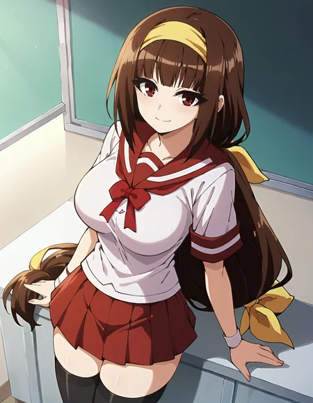score_9,score_8_up,score_7_up,score_6_up,score_5_up,score_4_up,1girl, <lora:najimi_ajimu:0.75> najimi_ajimu,yellow hairband, hair ribbon,low-tied long hair,big breasts, school uniform,serafuk,white wristbandred,red skirt,black thighhighs,looking at viewer,smile,from above,