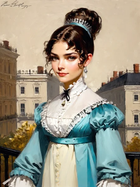 <lora:Regency:1> r3g3ncy,  art by Jeremy Mann, art by Greg Manchess, art by Sparth, [barbara palvin|thylane blondeau] in a regency period outfit