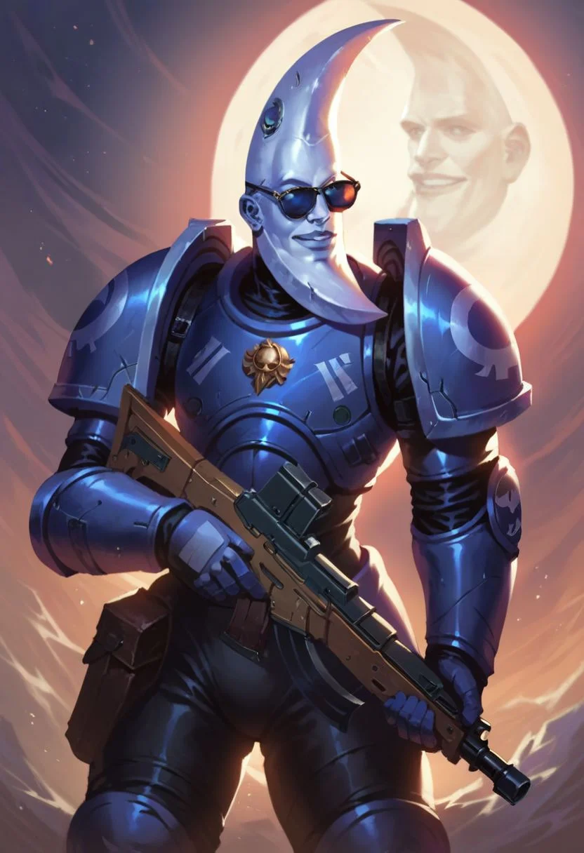 score_9, score_8, score_7, score_8_up, moonman\(human, tall, moon crescent head, wearing space marine armor and sun glasses, holding rifle\), standing, background mars