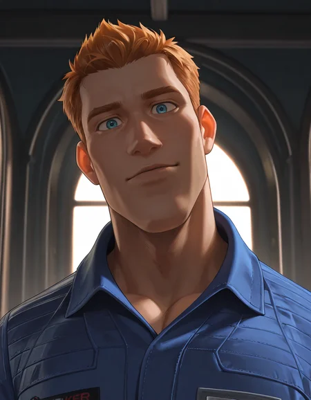 cinematic_depth, 8k, soft_lighting, warm_glow, ultra_high_quality, masterpiece, best quality, newest, perfect quality, best quality, detailed background, intricate details, male focus, solo, anime, <lora:Planet 51 - Chuck Baker - Illustrious-000006:0.7> c_baker, 1boy, tall male, red hair, blue eyes, looking at viewer, jumpsuit, windoors, head tilt, portrait