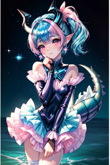 professional image of a cute young woman, (frilly elegant glossy dark holographic dress, crescent brooch, crescent earrings, crescent accessories:1.2),
(blue water dragon horns, blue water dragon tail:1.3), (short hair, side ponytail, hair above cheeks, light blue hair with light pink hairtips, gradient hair, multicolored hair:1.4), red eyes, (small breasts, cute face, innocent, shy, pointy ears:1.1), (sparkles, sparkling clothes, sparkles near eyes:1.3),
(intricate aquatic background, underwater, sparkling water, ocean floor, corral reef, bubbles:1.2),
(ultra wide angle shot, cinematic style, absurdres, incredibly absurdres, huge filesize, extremely detailed, High quality texture, physically-based rendering, Ray tracing, octane render, sharp focus, (8k), (4k), (Masterpiece), (Best Quality), extremely detailed, intricate, hyper detailed, illustration, soft lighting, high resolution, sharp detail,)