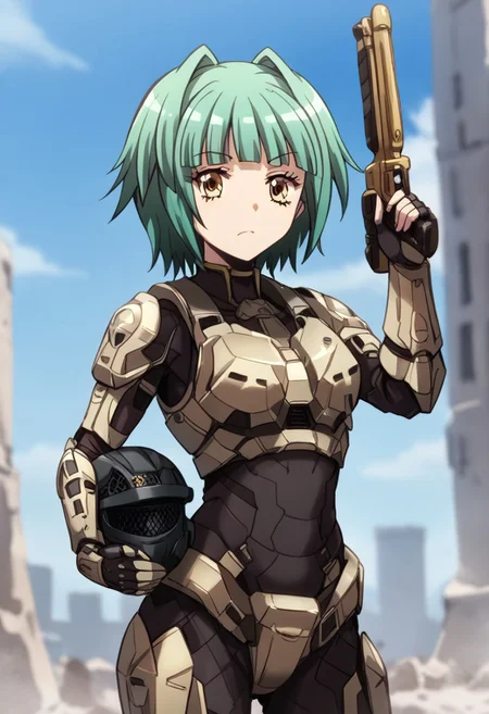 score_9, score_8_up, score_7_up, Spartan, Dark grey spartan armor, without helmet, city in ruins and flames, athletic, 4K, High definition, best quality, expressive eyes, anger look, battle pose, perfect face, from head to toe, without helmet, kaede kayano, short hair, bangs, brown eyes, yellow eyes, green hair, hair intakes, anime screencap, <lora:kaede-kayano-s1s2-ponyxl-lora-nochekaiser:1>, solo