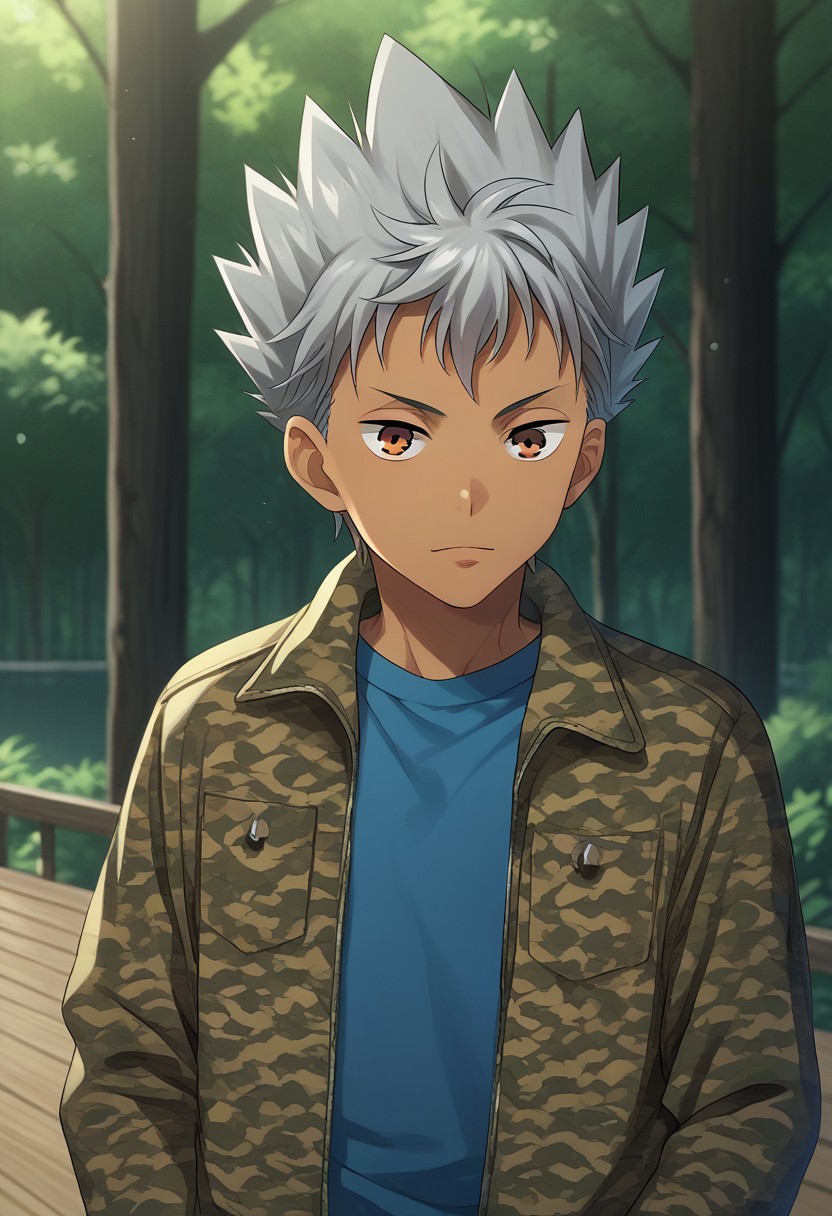 score_9, score_8_up, score_7_up, source_anime, highly detailed, 
kazuki, 1boy, male focus, solo, grey hair, spiked hair, brown eyes, dark skin, dark-skinned male, jacket, camouflage, short over long sleeves, shirt, blue shirt,
outdoor, nature, wood.