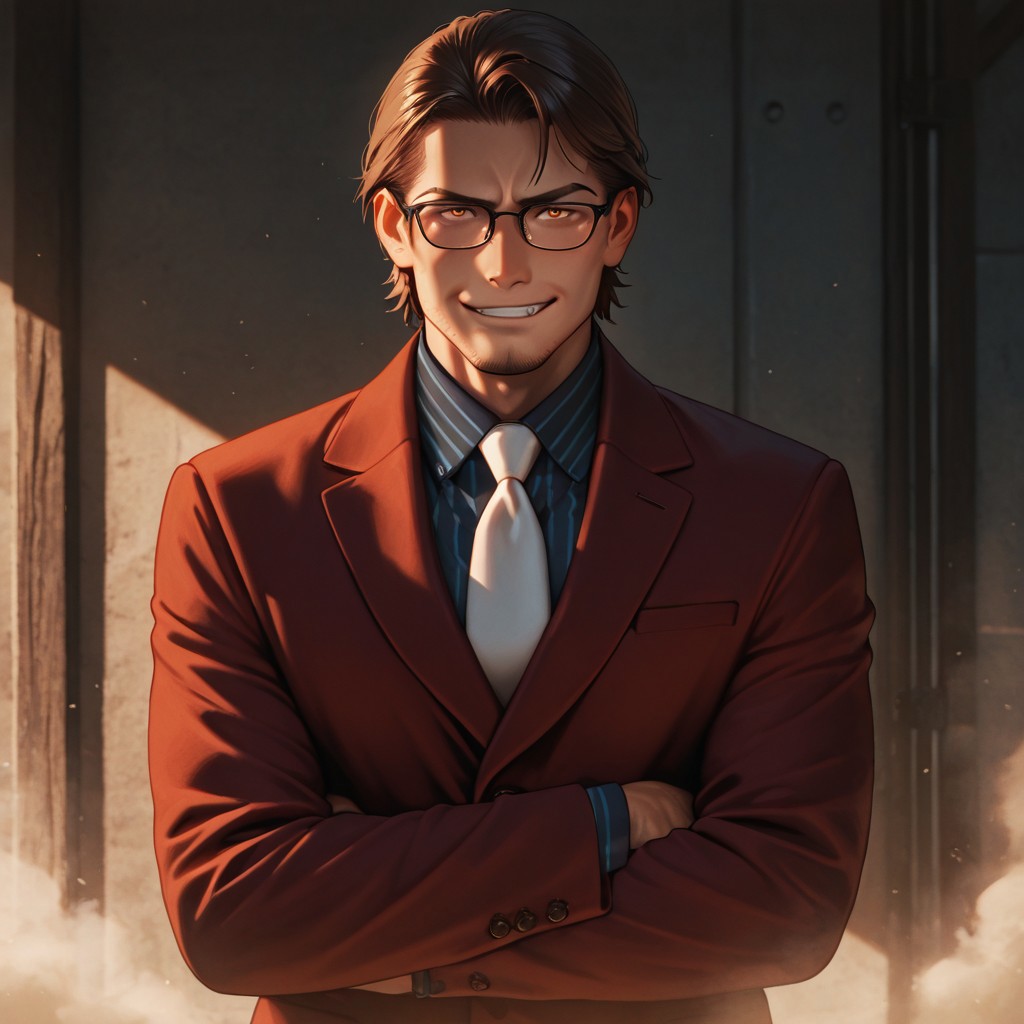 masterpiece, best quality, amazing quality, absurdres, newest, detailed background, definition so sharp, Ultra-HD, 8K cinematic, very awa, impressionate, amazing quality, highres, 
solo, male focus, manly, shadow, shiny skin,
shimonmakusu, shimon_brunette, shimon_orange eyes, 1boy, short hair, stubble, goatee, warm_glow, cozy_atmosphere, quiet, spectacles, dust_motes, peaceful_expression, natural_light, crossing arms, smirk, looking at viewer, standing, grin, red blazer, blue collared shirt, pinstripe pattern, white tie