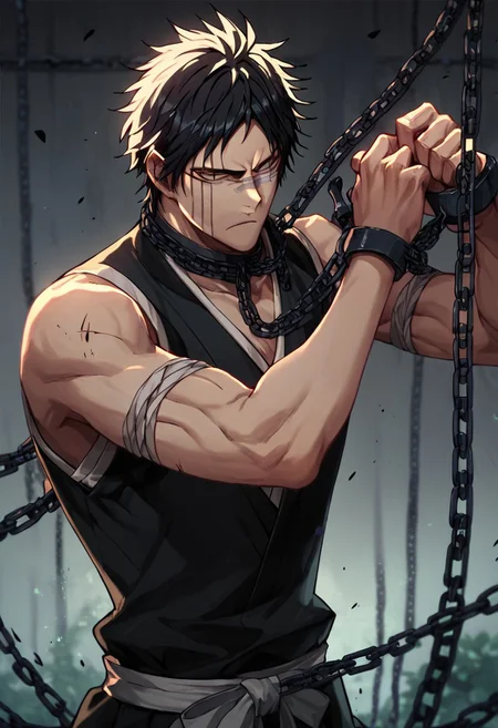 score_9, score_8_up, score_7_up, score_6_up, score_5_up, score_4_up, HisagiShuhei69, 1boy, upper body, black sleeveless Kimono, holding chain weapon