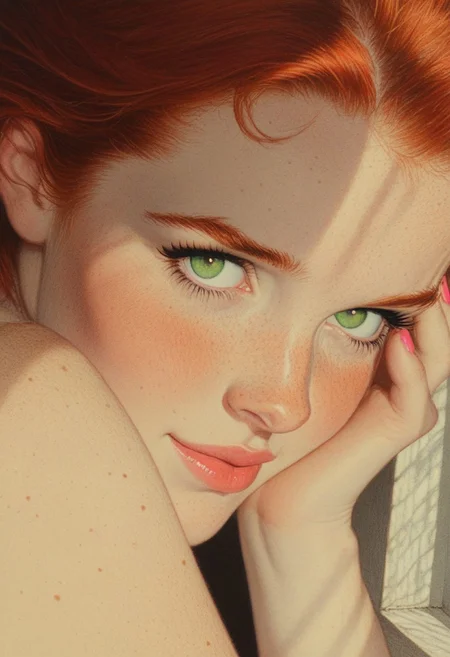 ArsMJStyle, Colored pencil hyperdetailed realism,novuschroma13 style pastels
8k, RAW, photograph, cute girl, green eyes, pink lips, blushing cheeks, fair skin, red hair, upper body focus, nude, medium breasts, pink nipples, erect nipples, realistic skin detail, freckles, sultry smirk, red nails, hand on own cheek, viewed from an angle, (chiaroscuro:0.80),shadow and sunlight from a window,