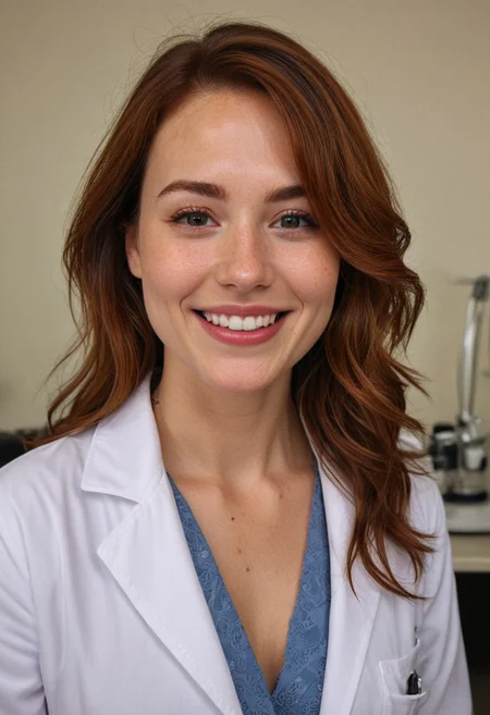 beautiful lady, (freckles), big smile, hazel eyes, perfect hair, mature, dark makeup, hyperdetailed photography, soft light, upper body portrait, cover, doctor, lab coat, scrubs, pronounced breasts, downblouse, cleavage, v151blebra5trap, bra strap, bra