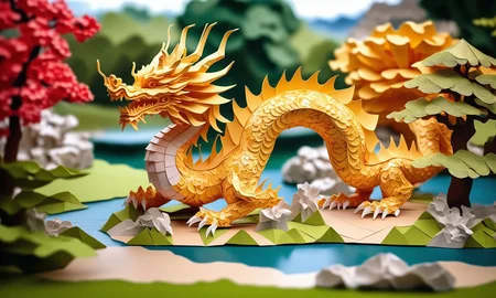 origami style <lora:papercarvingcd_xl-000005:0.6>,a handmade sculpture of a chinese dragon made of papercarvingcd_xl in office scene,full body,scenery,tree,river,stone,lawn,miniature,tilt-shift,indoors,chinese zodiac,wooden table,cutie,cute,still life,animal statue,front view,facing viewer,looking at viewer,8K,HDR,UHD,masterpiece,best quality,highly detailed,high resolution,finely detail,extremely detailed,ultra detailed,wallpaper . paper art, pleated paper, folded, origami art, pleats, cut and fold, centered composition