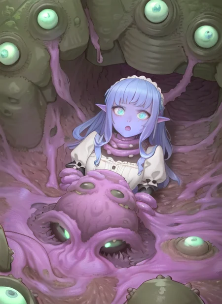 ((best quality)), ((highly detailed)), masterpiece, ((official art)), (detailed eyes, deep eyes), (1girl:1.33, solo), (((shoggoth))), maid, body horror, tentacles, extra eyes, glowing eyes, Mint colored eyes, (colored skin), (dark_purple colored skin), lovecraftian, <lora:bartolomeobariStyle_v10:.7>, bartolomeobari