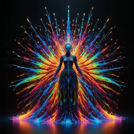 a full body fire entity with multicolored flames, professional photography of an fantastical warrior princess entirely made of cyberflies with whimsical elements, swirling magic, eerie fairytale landscape, elaborate fantasy style art, very colorful, intricate details, ultra sharp, exquisite detail, flawless composition, vivid colors, masterpiece, exciting background, TAS, TASvisuals, Psychedelic , Rave, Elaborate , Blacklight , Vibrant , cyberflies, black light paint, blp, Colorful Chaos Cracks and Drops, mad-glowtiedye, made out of,colorful,liquid,Murano Art Glass