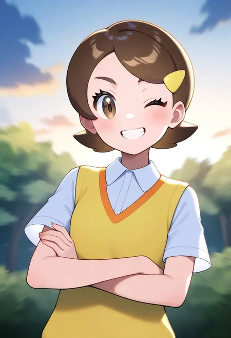 2d, masterpiece, best quality, amazing quality, highres, absurdres, newest, smile, grin, teeth, looking at viewer, one eye closed, upper body, sky, clouds, woods, nature, 1girl. solo, kohai, short hair, brown hair, brown eyes, hairclip, yellow sweater vest, crossed arms, masterpiece,best quality,newest,absurdres,highres,