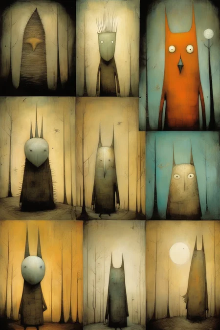 <lora:Tracie Grimwood Style:1>Tracie Grimwood Style - mystical forest creatures in the style of Dave McKean and Shaun Tan