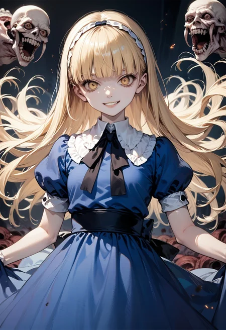 score_9, score_8_up, score_7_up, source_anime, best quality, masterpiece,
human, female, solo,
<lora:zs_AliceXL:1> alicesmt, dress, long hair, blonde hair, hairband, blunt bangs, puffy sleeves, blue dress, yellow eyes,
<lora:lora_YamiStyle_xl_v1_pony:0.4>mouth closed, evil grin, evil, creepy, horror,