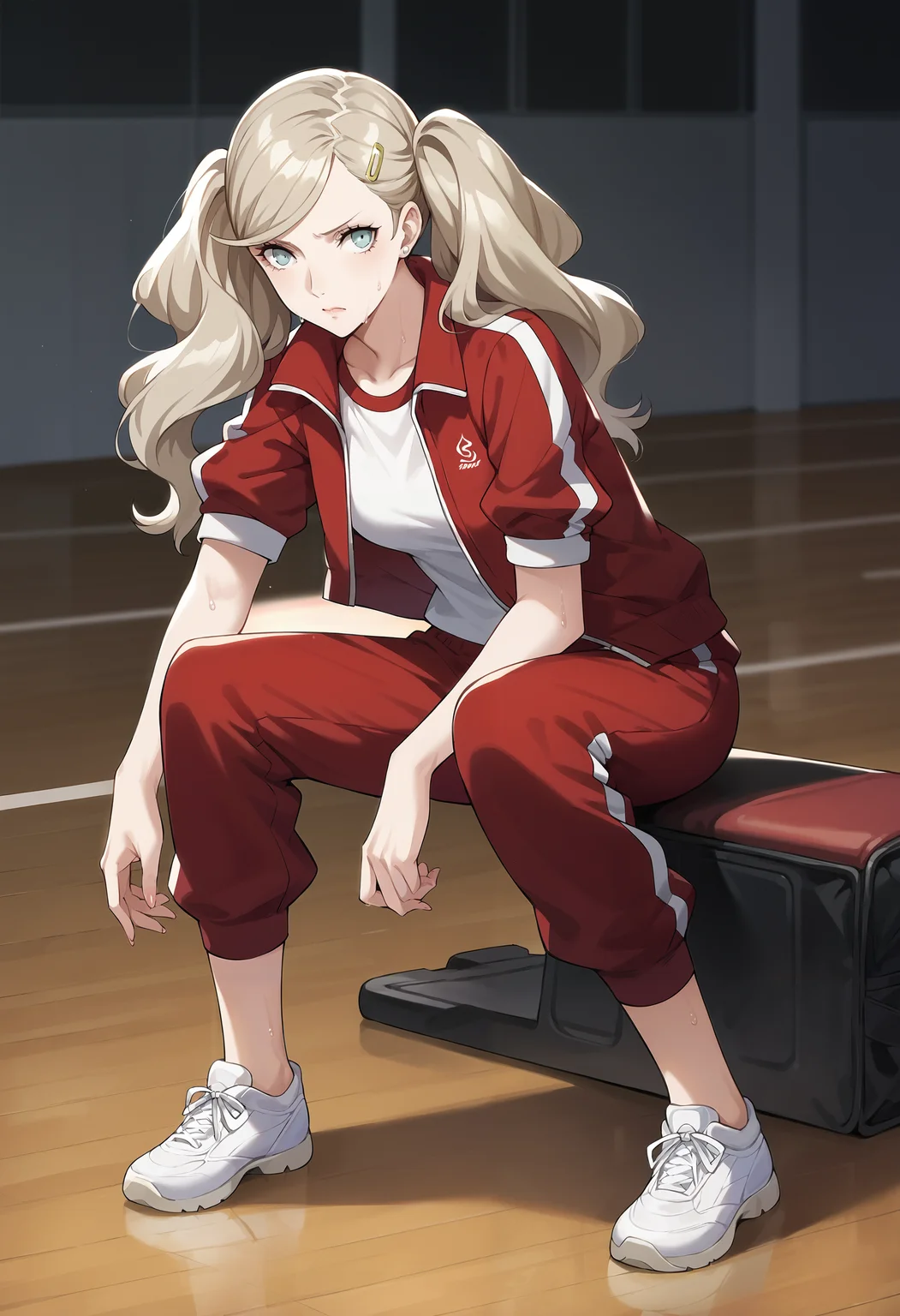 score_9, score_8_up, source_anime
1 girl, solo,
p5ann, takamaki anne, blonde hair, long hair, twintails, swept bangs, hair clip,
p5ann-track, track suit, track jacket, red jacket, open jacket, sleeves rolled up, track pants, red pants, pants rolled up, white sneakers,
inside, gymnasium, volleyball court, runnig, tired, sweaty, full body
masterpiece, best quality, ultra detailed,