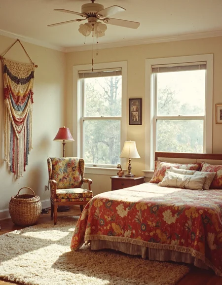 GroovyAesthetica, 1970s style, Using a 35mm lens, take a Kodachrome photograph. 
<break>
A vintage-inspired illustration of a 1970s-era bedroom, complete with a shag rug, a macramé wall hanging, and a vintage-style bedspread.