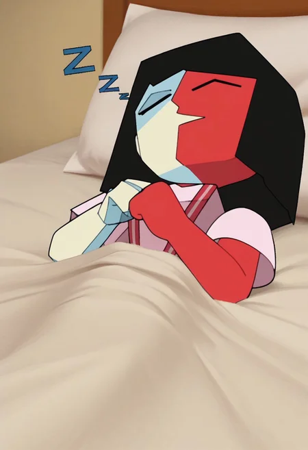 solo, ENADB, two-tone skin, blocky body, half shot, surrealism, red skin, pale yellow skin, asleep, laying on bed, bedsheets, zzz