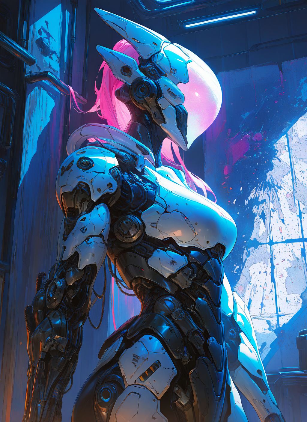 masterpiece, best quality, newest, absurdres, highres, painting, mcnm, 1girl, cyborg,  pink hair, armor, soft glow, detailed, <lora:Mechanism-Illustious:1.0>