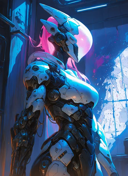 masterpiece, best quality, newest, absurdres, highres, painting, mcnm, 1girl, cyborg,  pink hair, armor, soft glow, detailed, <lora:Mechanism-Illustious:1.0>
