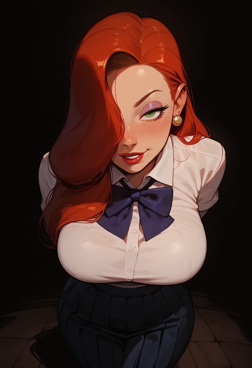 score_9, score_8_up, score_8. score_9, score_8_up, score_7_up, score_6_up, masterpiece, 4k, high quality, (best quality:1.1), ExpressiveH, close up, from above
1girl, solo, jessica rabbit, red hair, hair over right eye, green eyes, large breasts, school uniform, shirt, skirt, standing, smiling, looking at viewer, hands behind back, mischievous smile
BREAK
black background