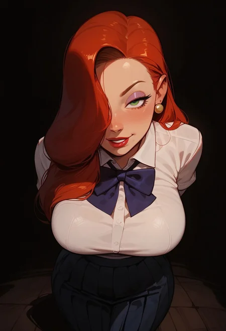 score_9, score_8_up, score_8. score_9, score_8_up, score_7_up, score_6_up, masterpiece, 4k, high quality, (best quality:1.1), ExpressiveH, close up, from above
1girl, solo, jessica rabbit, red hair, hair over right eye, green eyes, large breasts, school uniform, shirt, skirt, standing, smiling, looking at viewer, hands behind back, mischievous smile
BREAK
black background