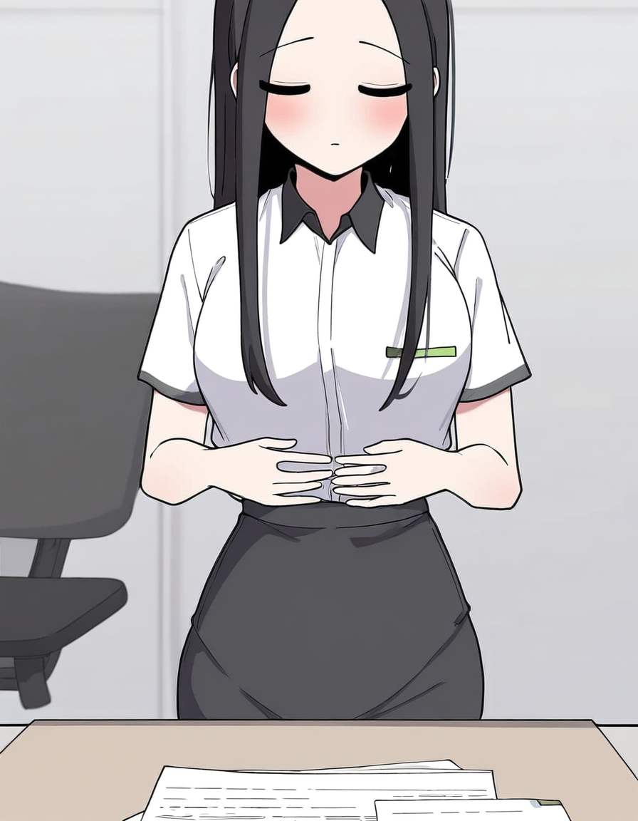 masterpiece, best quality, newest, absurdres, highres, safe,, <lora:yoo-jae-kyung-manhwa-illustriousxl-lora-nochekaiser:1>, yoo jae-kyung, long hair, large breasts, black hair, closed eyes, forehead,, skirt, shirt, white shirt, short sleeves, collared shirt, black skirt, pencil skirt, office lady,, office, desk, computer, chair, paperwork, , hands on stomach, blush, looking at viewer, solo,, cowboy shot, solo