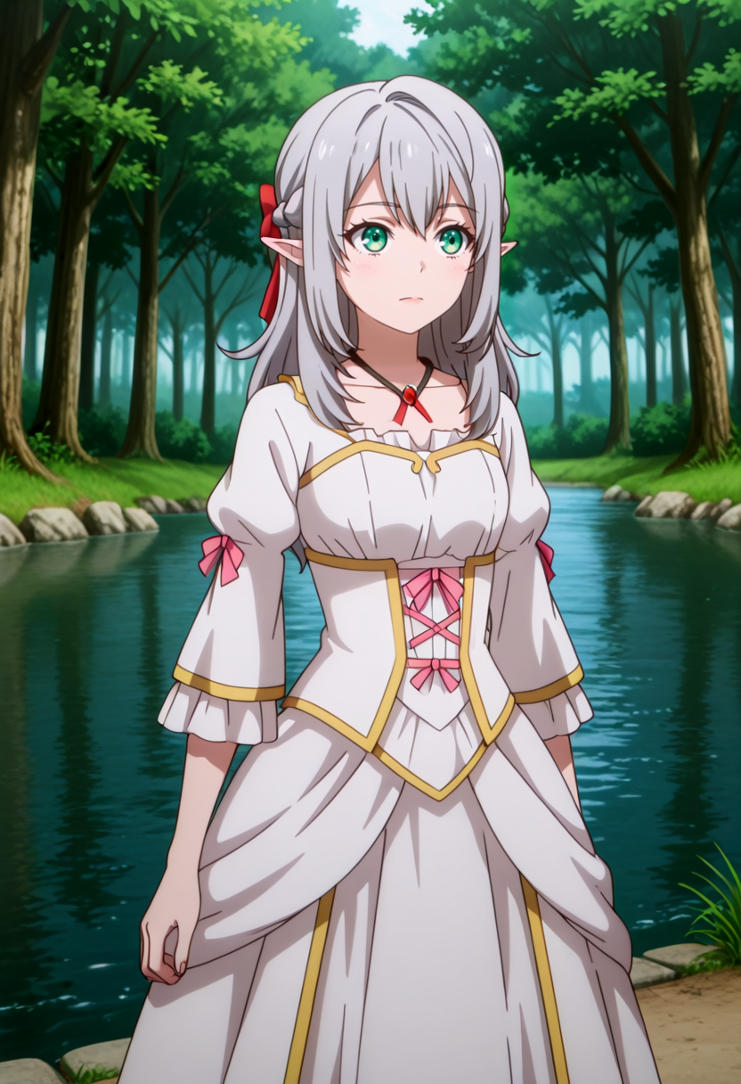 masterpiece,high quality,highres,absurdres,(,,,<lora:Young Tessia_IL:0.8>,,,,Young Tessia,1girl,gray hair,pointed ears,elf,green eyes,,<lora:empress_outfit1:0.8>,,empress_outfit1,masterpiece,best quality,ultra-detailed,(pure white dress:1.3),(gold embroidery:1.2),(pink ribbon accents:1.1),corset-style bodice,lace-up detail,puffed sleeves with gold trim,multi-layered skirt with ruffled hem,soft glowing fabric,volumetric lighting,intricate textures,(high-resolution:1.2),dynamic shading ),forest,river,exposed nick,exposed collarbone,