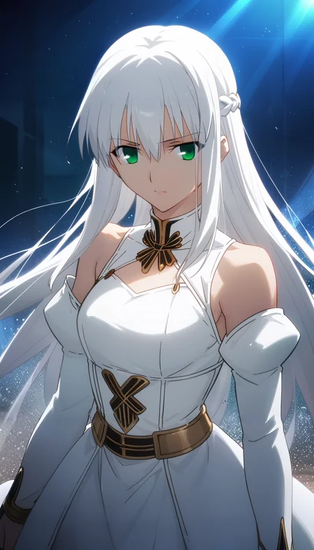(score_9,score_8_up,score_7_up),
solo, solo focus, cowboy shot,
anime screencap, by ufotable,
fate (series), fate/unlimited blade works,
<lora:ufotable_lora_pony:1>
BREAK
1girl,
long hair, white hair,
green eyes, street, white dress, juliet sleeves, detached sleeves, white jacket, sleeveless jacket, light particles, light rays, straight hair, sidelocks, french braid, bare shoulders, long dress, hair between eyes,