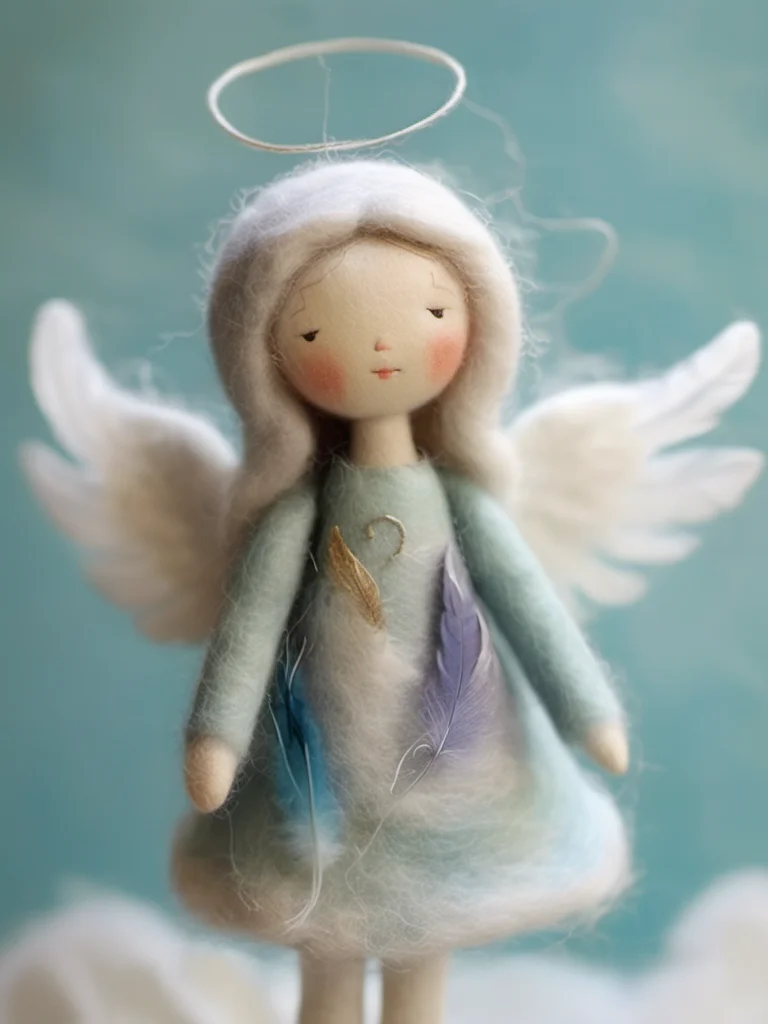 felted doll, 1 girl, cloud, angle, halo, feather wings