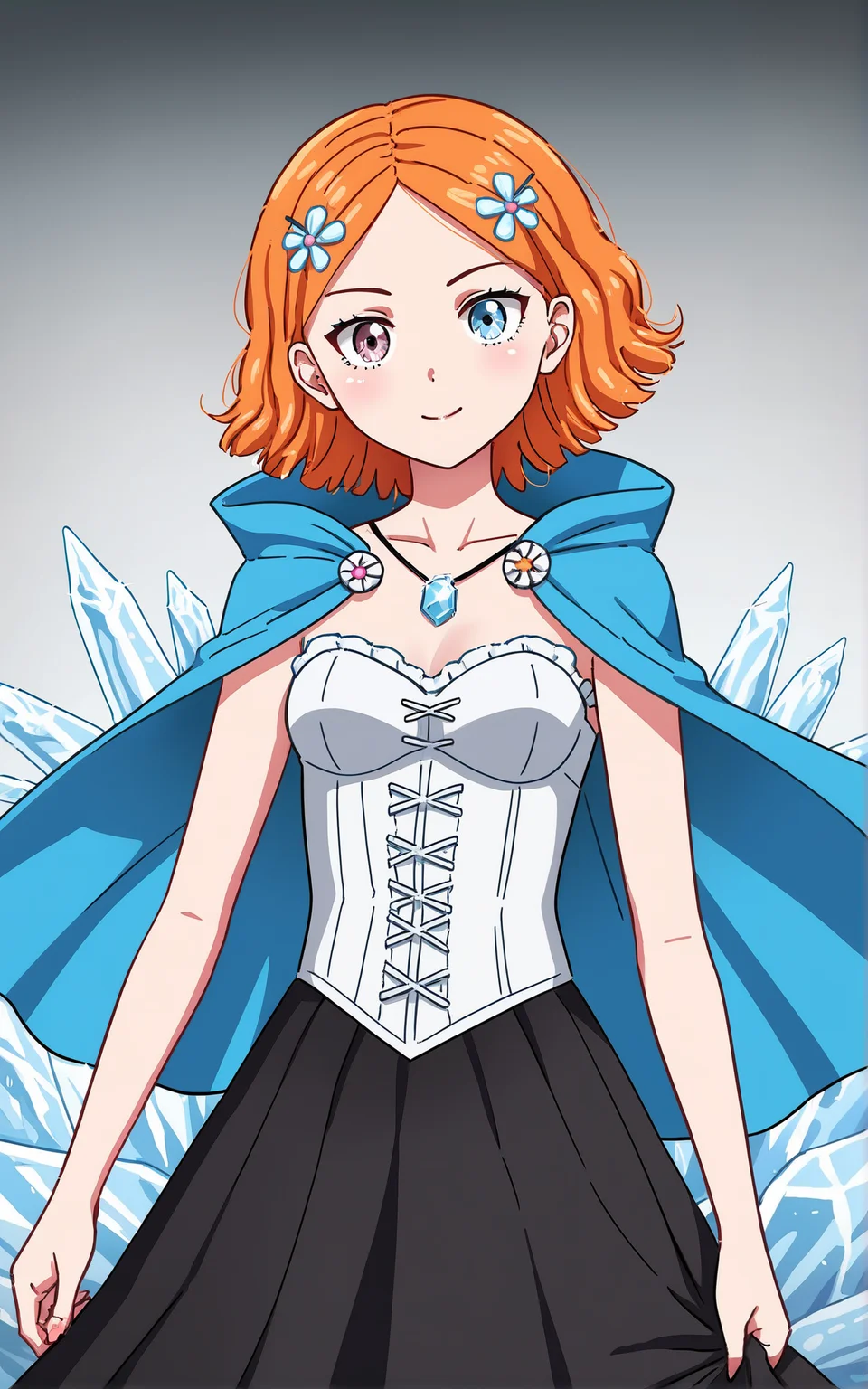 score_9_up, source_cartoon, suzieq, 1girl, orange hair, solo. hair ornament, flower, hair flower, short hair, blue eyes,heterochromia, hairclip, looking at the viewer, best quality, white pale, skirt, ice cristals, ice powers, blue cape, white corset, black skirt, blue amulet, portrait,