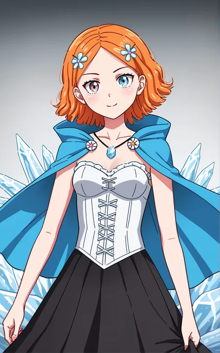 score_9_up, source_cartoon, suzieq, 1girl, orange hair, solo. hair ornament, flower, hair flower, short hair, blue eyes,heterochromia, hairclip, looking at the viewer, best quality, white pale, skirt, ice cristals, ice powers, blue cape, white corset, black skirt, blue amulet, portrait,