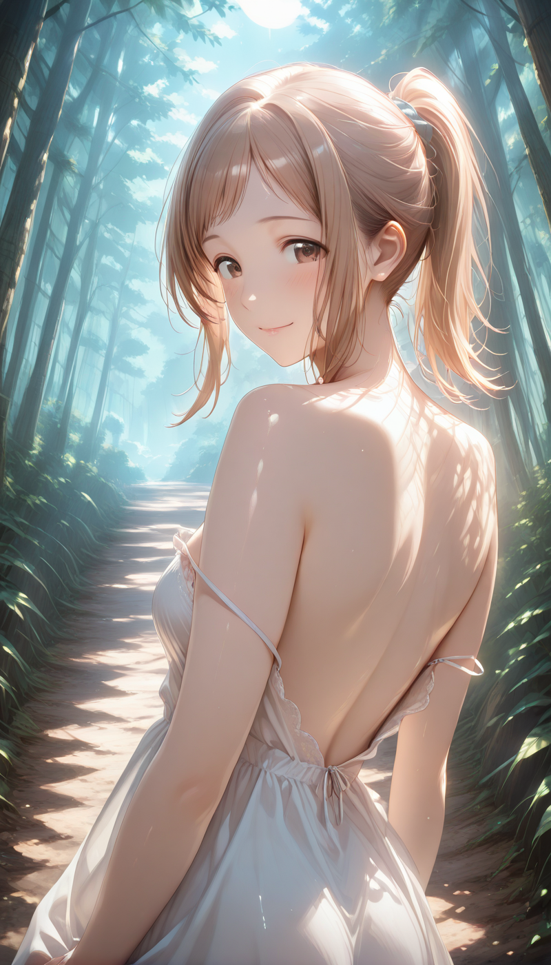 <lora:LCMTurboMix_Euler_A_fix:1> <lora:example_SDXL:0.3>, EZRealPONYXL, <lora:Dramatic Lighting Slider:3>  <lora:realistic filter [IL]:1>
DSLR,realistic,cosplay photo, (very awa,masterpiece,best quality,year 2024,newest,absurdres,highres:1), realistic,skin texture,facial features, photography shot with Canon EOS 5D Mark IV , realistic, RAW, best quality, masterpiece, amazing quality, skin details,
1girl, highly detailed beautiful face, natural breasts,
detailed background, shiny skin, dutch angle, night, moonlight,
beautiful detailed eyes, intricate details, absurdres, anime screencap,
 <lora:SakuragiMano_IdolMaster_ILXL_kill0825:1>
IMSakuragiMano, 1girl, solo, breasts, looking at viewer, blush, smile, brown hair, dress, closed mouth, bare shoulders, medium breasts, brown eyes, ponytail, ass, sidelocks, outdoors, cowboy shot, sleeveless, day, medium hair, looking back, white dress, from behind, clothes lift, tree, bare arms, sleeveless dress, back, light brown hair, sunlight, nature, strap slip, forest, dress lift, backless outfit, skirt hold, spaghetti strap, sundress, bare back, backless dress, shoulder blades, median furrow, nape, long hair, back focus