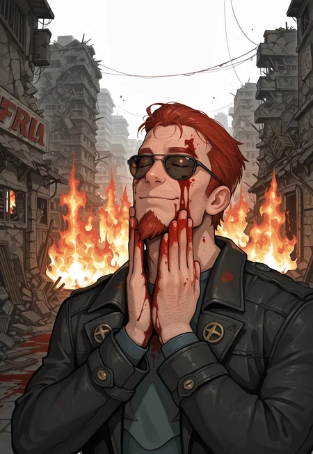 masterpiece, high quality, f33lsg00d, 1boy, male focus, solo, hands on own face, closed eyes, light smile, upper body, ss-p2d00d-ill, red hair, goatee, p2_sunglasses, black coat, blue shirt, street, town, fire, ruins, blood on face, blood on hands,
