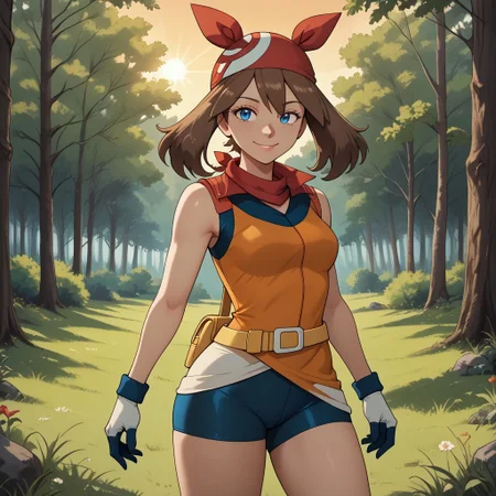 score_9, score_8, BREAK, solo, 1girl, may (pokemon), blue eyes, brown hair, bandana, long hair, red bandana, twintails, hair between eyes, blue shorts, micro skirt white, gloves, yellow belt, medium breasts, curves, sexy pose, self portrait, smile, outdoors, sunlight, shadows, evening lighting, natural lighting, forest, trees, grass, orange sky, sunset