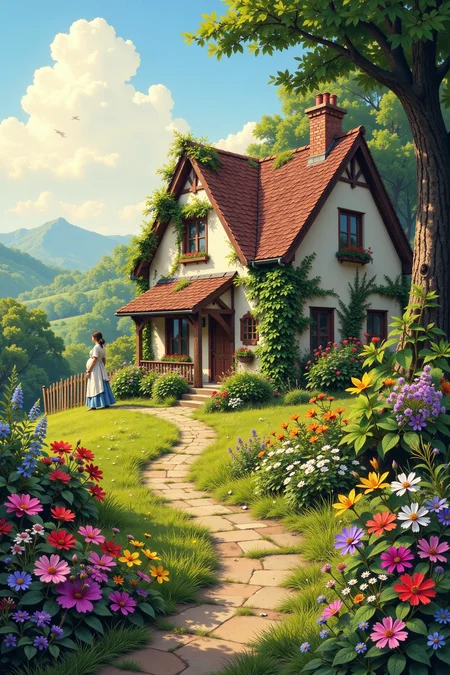 cottage beautiful  landscape, morning, woman, very intricate, very detailed, sharp, bright, colorful, <lora:Hand v2:0.5> <lora:Anti-Blur:1><lora:Insane Detail Slider:0.25>  <lora:flux.1_lora_flyway_Epic-detail_v2:0.3> <lora:fluxenhancer:0.25> <lora:ROWER:0.8>  <lora:Anime art - Variant 2:0.6>