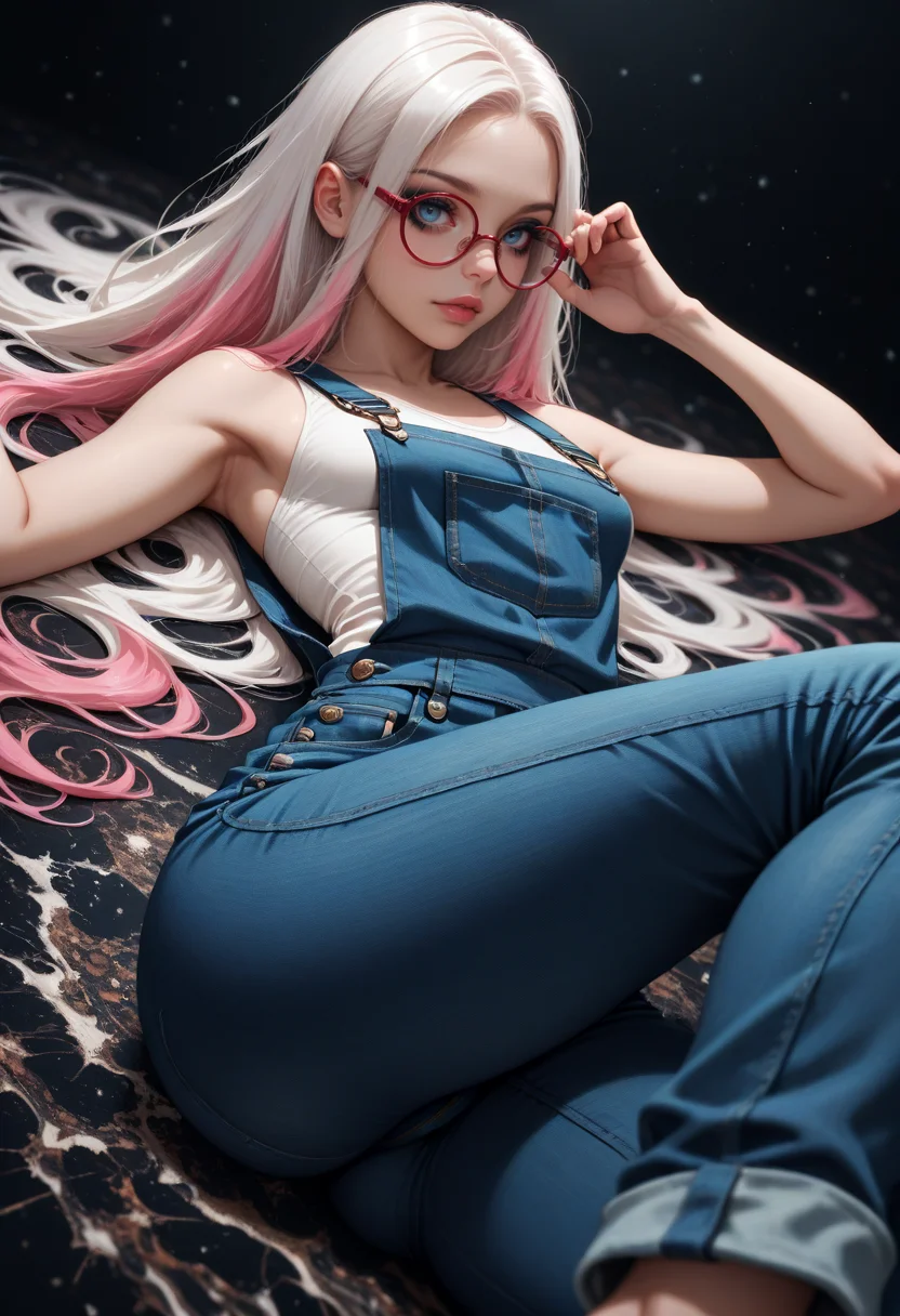 8K, depth of field, focused subject, dynamic angle, sexy pose, best quality, detailed eyes, perfect eyes, realistic eyes, white hair, long hair, pink highlights, blue eyes, black eyeliner, mascara, makeup, fit body, big squared eyeglasses, red framed eyeglasses, small ass, small breast, realistic breast, braless, denim overall, BREAK, lying on back, one leg bent, front view, looking at viewer, movie perspective, fractal background, abstract background, dynamic angle, <lora:MoriiMee_Gothic_Niji_Style_Illustrious_r1:0.5> artist:moriimee,  <lora:PowerPuffMixLora:0.6>,