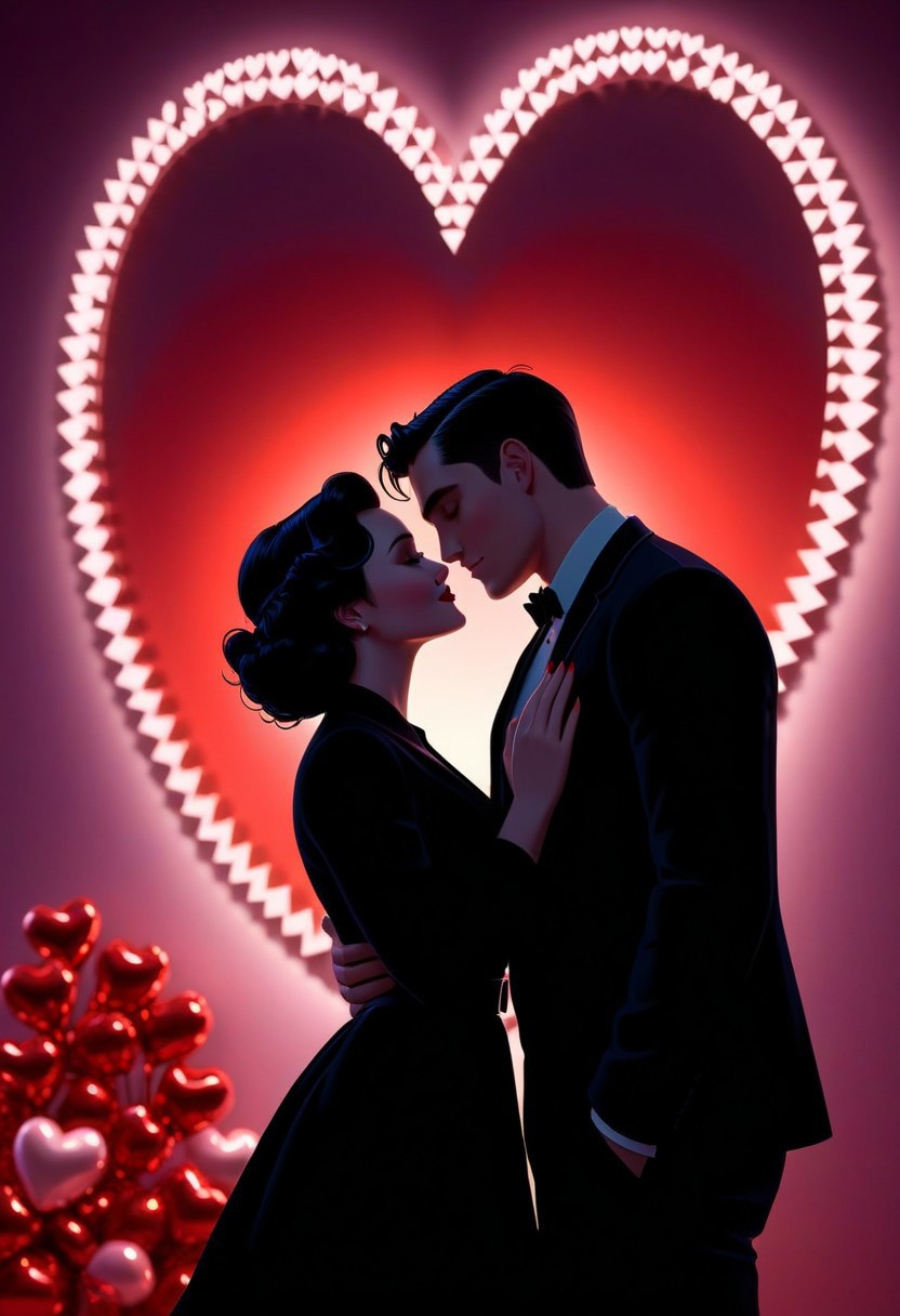 valentine day scene, flashy, bonnie, lovesome, handsome, decimal, silhouette, heart, care, twilight, by Margaret Bourke-White, ilya kuvshinov, Kelly McKernan, 16k, illustrated, coherent, excellent composition, cinematic atmosphere